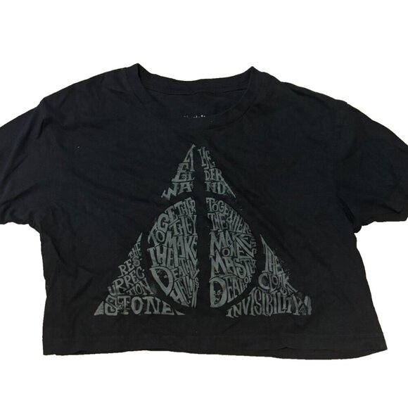 Harry Potter Women's Cropped Top The Deathly Hallows Wizarding World Black Sz S - Picture 1 of 5